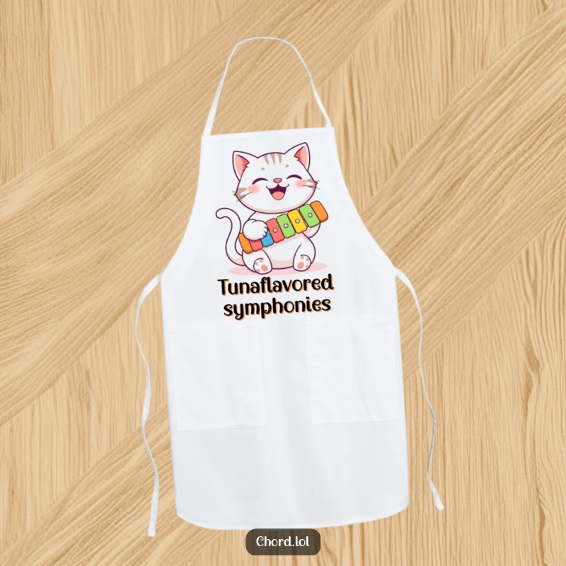 Funny cat playing a colorful xylophone on a kitchen apron, a humorous and practical accessory for cooks.