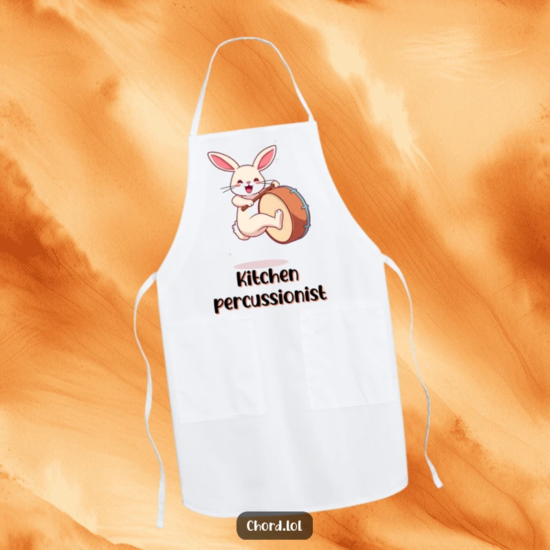 Funny rabbit kicking a large bass drum, designed for the high-energy and musical chef.