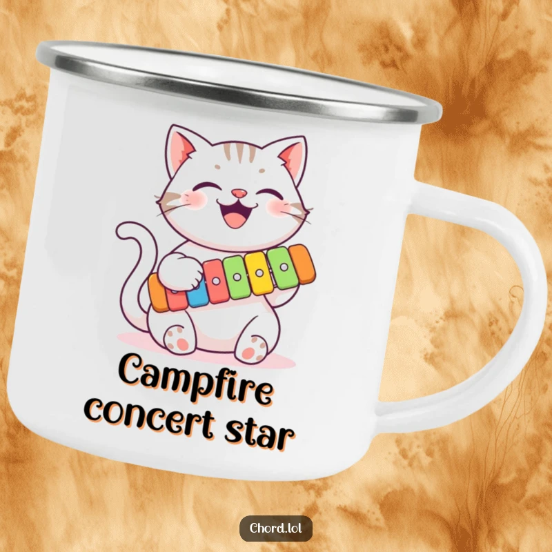 Funny cat playing a colorful xylophone on a camping mug, durable enamelware for outdoor musical enjoyment.