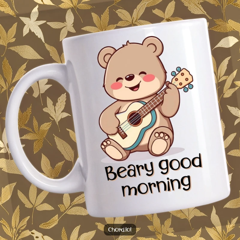 Funny, cheerful bear happily strumming a ukulele with prominent, round tuning pegs, radiating pure joy.