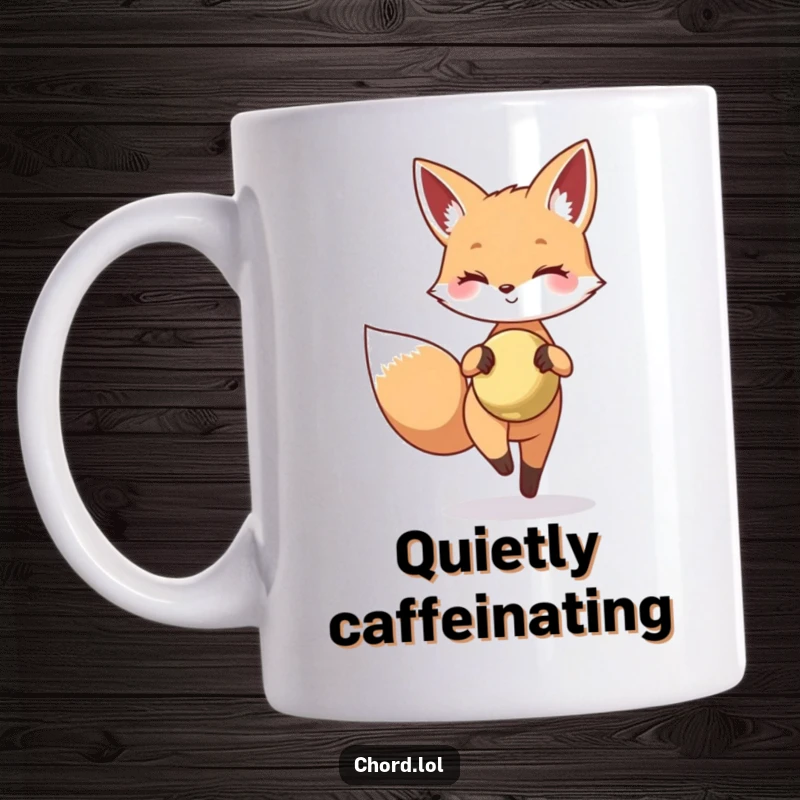 Funny, happy fox tiptoeing stealthily while delicately holding a tiny, shining cymbal, ready for a surprise.