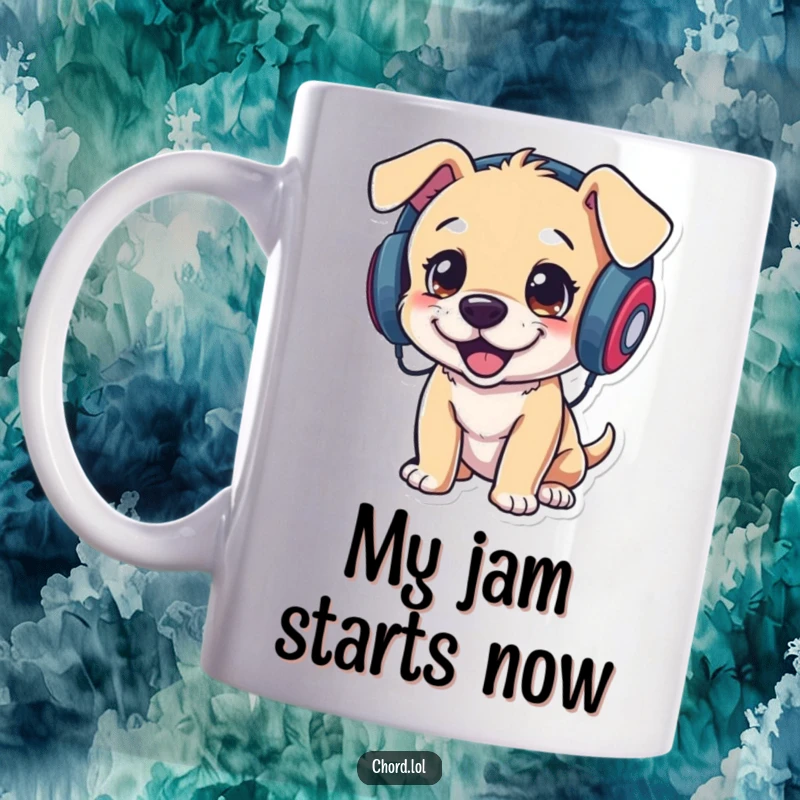 Funny playful puppy wearing headphones and bopping its head vigorously to music, a cute canine DJ.