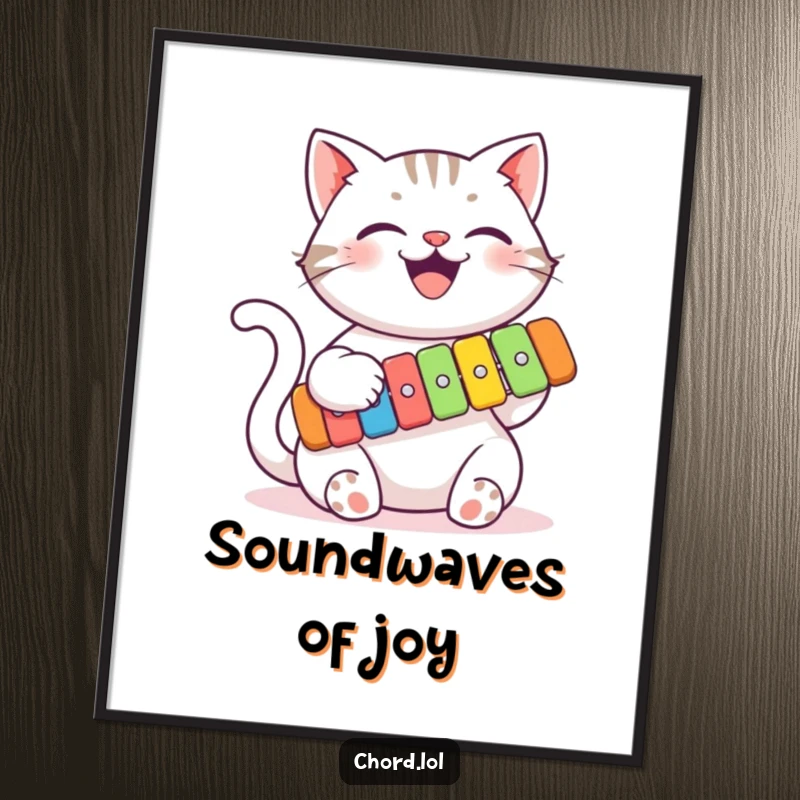 Funny cat playing a colorful xylophone with its paws, a digital art print radiating musical joy and humor.
