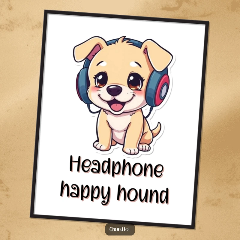 Funny playful puppy wearing headphones and bopping its head vigorously as digital art, energetic and humorous.