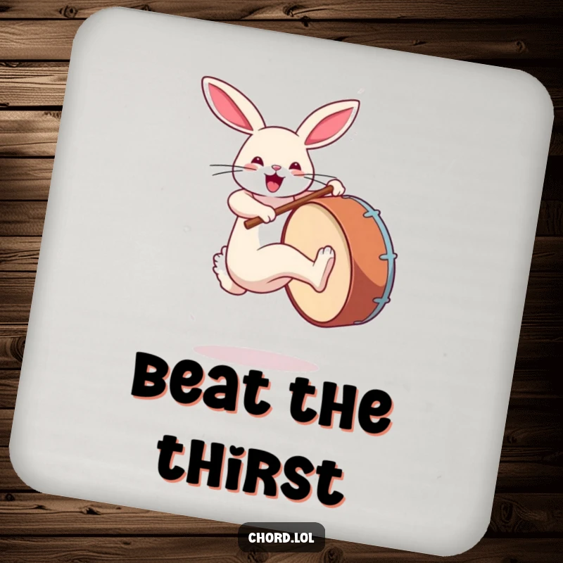 Funny rabbit kicking a large bass drum, protecting tables with musical power and style.