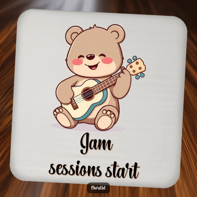 Funny, cheerful bear strumming a ukulele, protecting tables with musical charm.