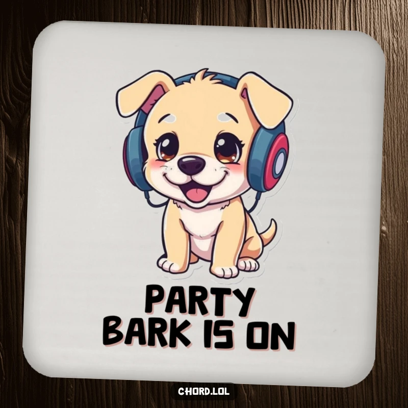 Funny puppy DJ coaster set, protecting tables with musical charm and canine cuteness.