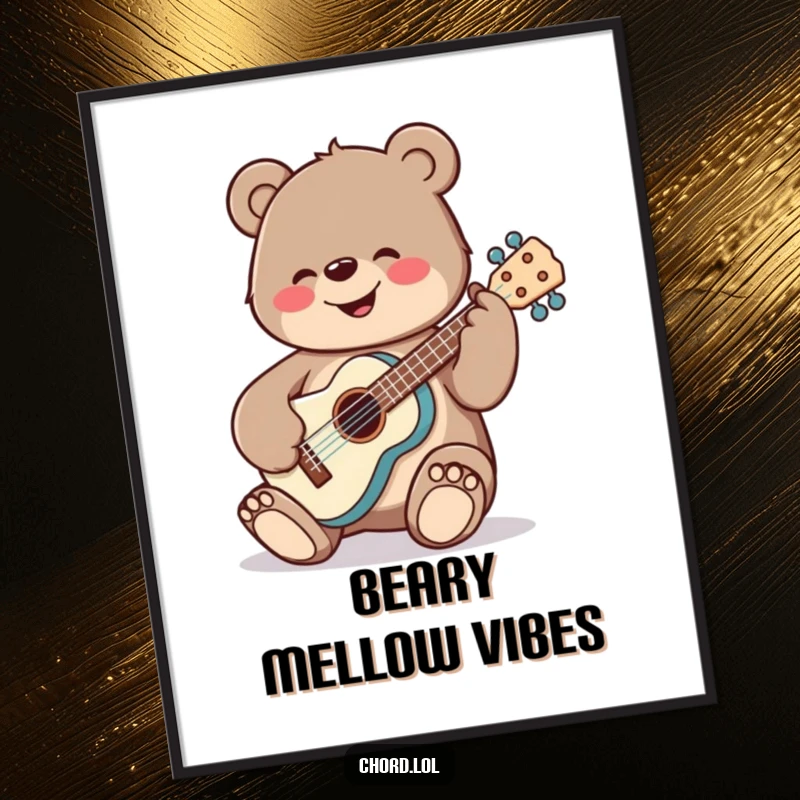 Funny, cheerful bear playing a ukulele with large tuning pegs, a whimsical piece of wall art.