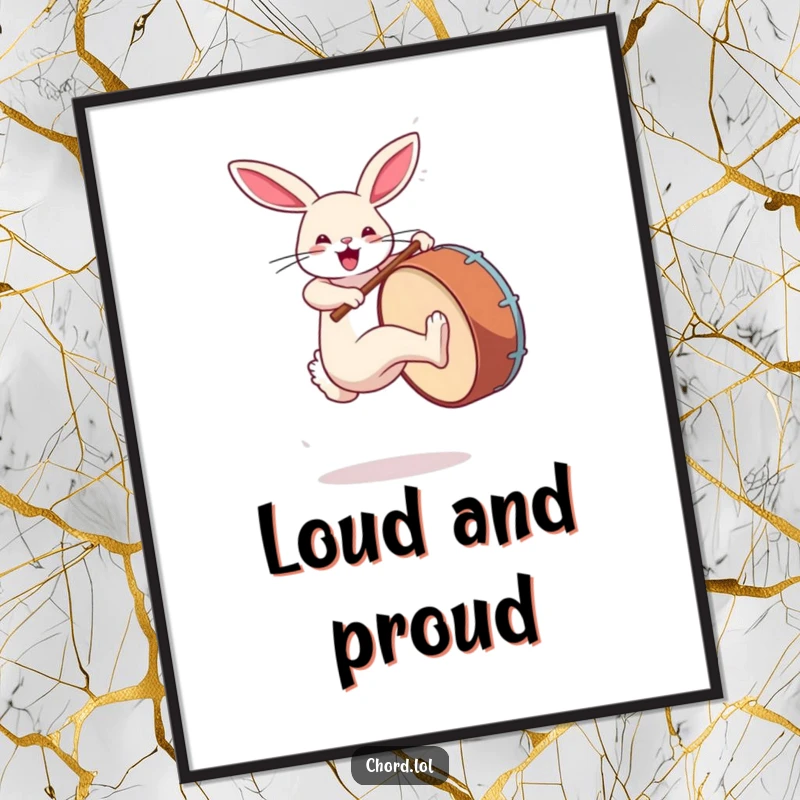 Funny rabbit jumping and kicking a large bass drum, a vibrant piece of wall art.