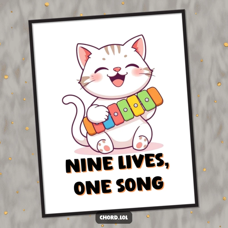 Funny cat playing a colorful xylophone with its paws on a poster, vibrant wall art depicting musical feline joy.
