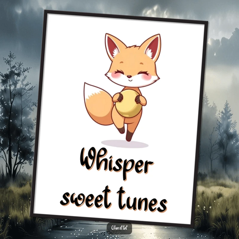 Funny fox tiptoeing with a tiny, shining cymbal, adding a playful and artistic touch.