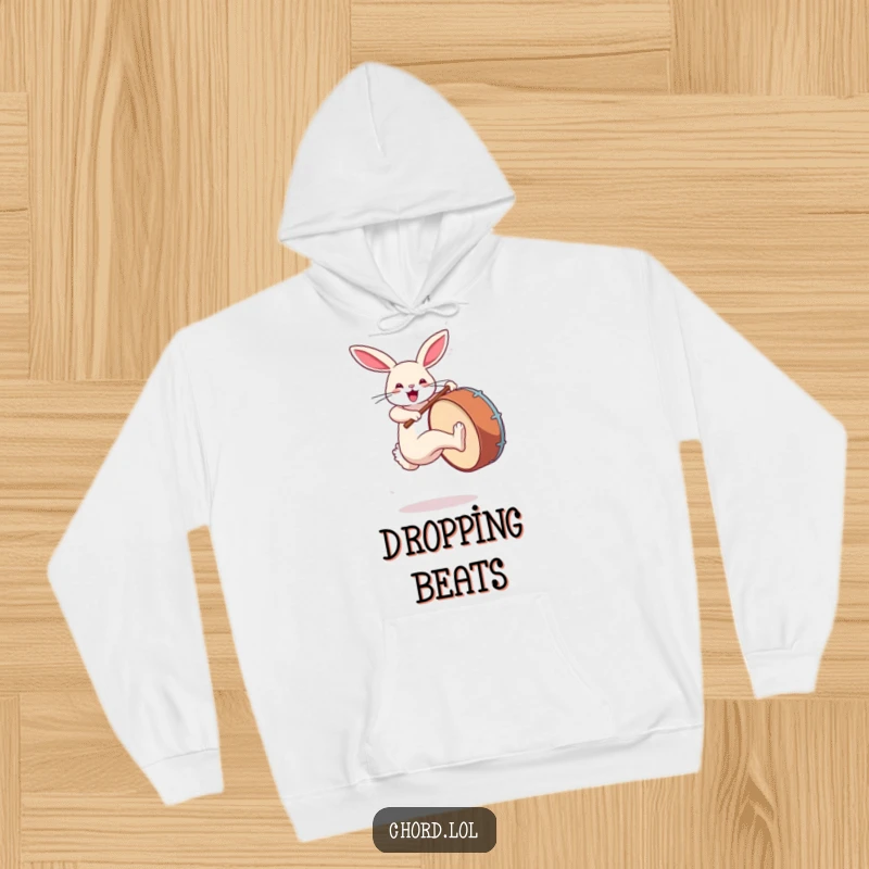 Funny rabbit kicking a large bass drum, a dynamic and cozy design for music lovers.