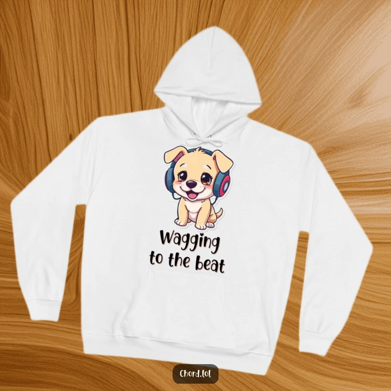 Cozy funny puppy DJ hoodie, a cute dog listening to music with headphones, radiating joy.