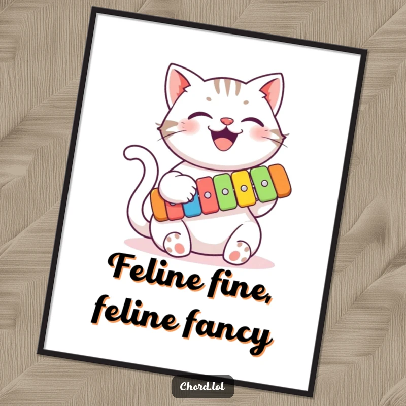 Funny Free Printable Wall Art: A smiling cat enthusiastically plays a colorful xylophone, creating a joyful musical scene.