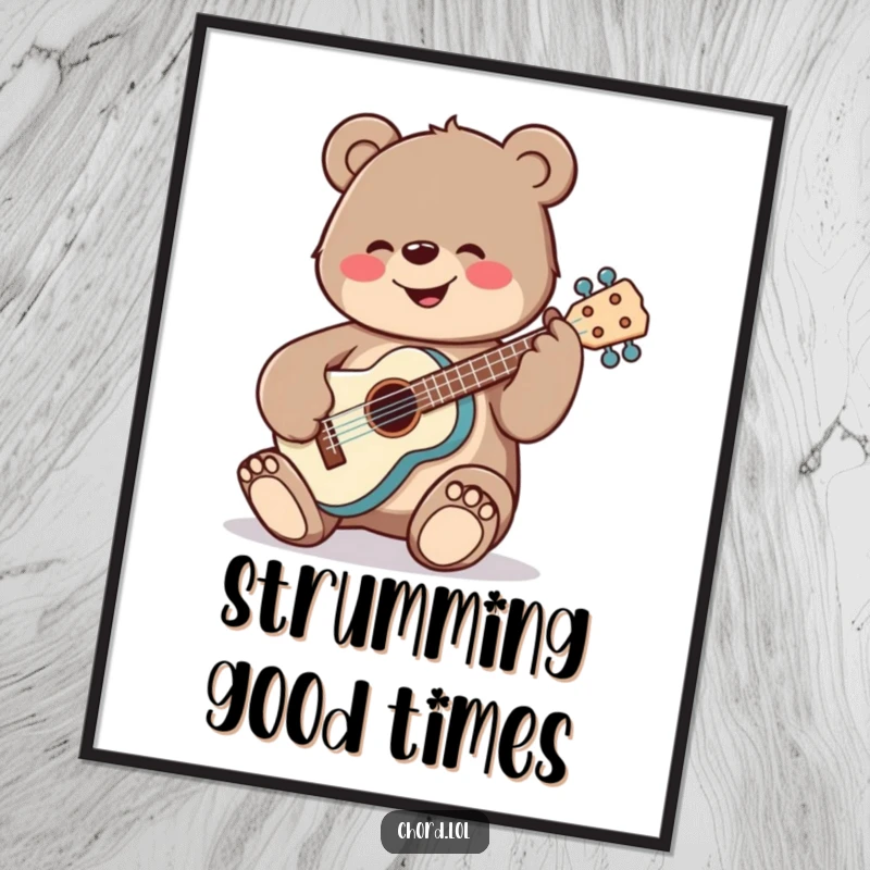 Funny Free Printable Wall Art: Cheerful bear with a ukulele, large tuning pegs, musical and fun decor.