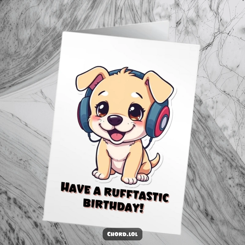 Funny Free Printable Birthday Card: A playful puppy with headphones bops its head vigorously, ready to party.