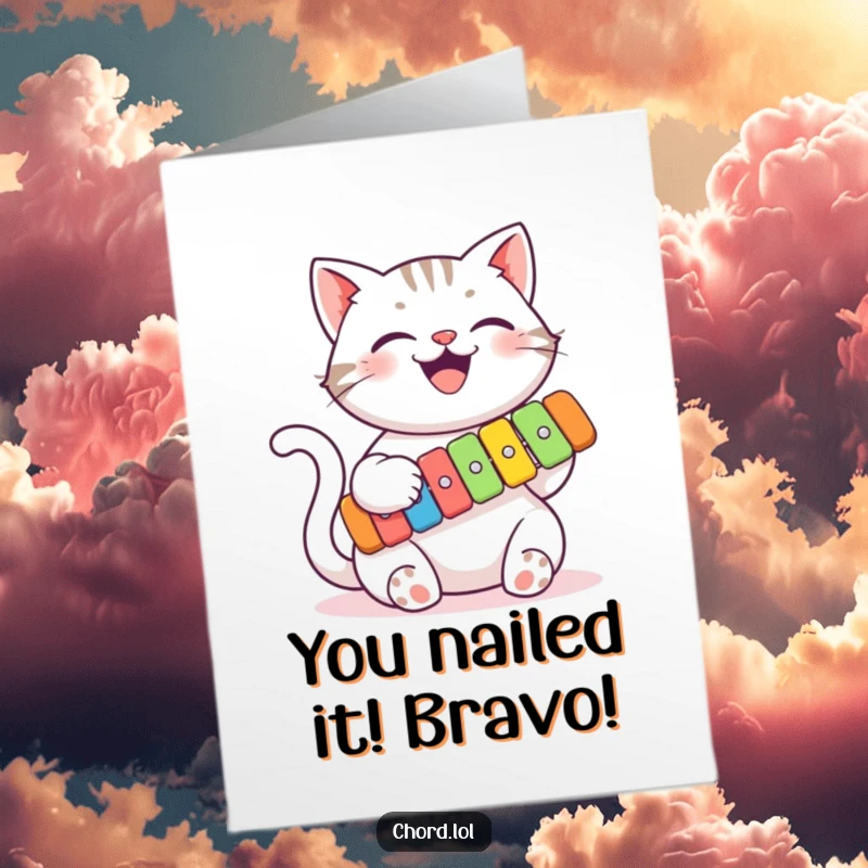 Funny Free Printable Congrats Card: A smiling cat plays a colorful xylophone, composing a celebratory tune.