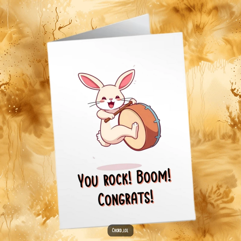 Funny Free Printable Congrats Card: Rabbit energetically kicking a big bass drum, celebrating achievements.