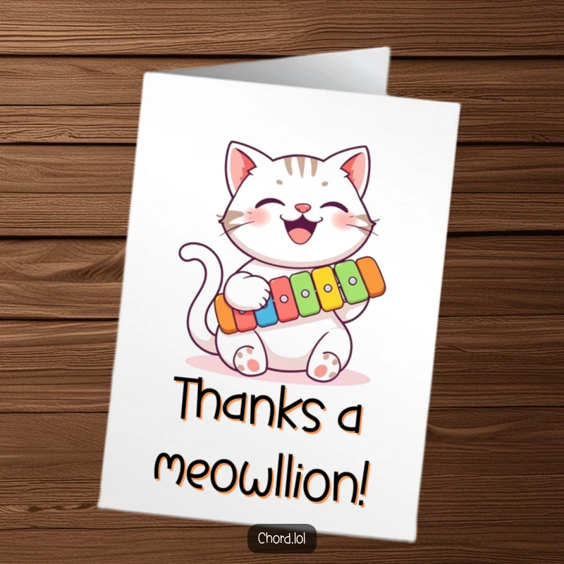 Funny Free Printable Thank You Card: A smiling cat plays a xylophone, creating a sweet melody of gratitude.