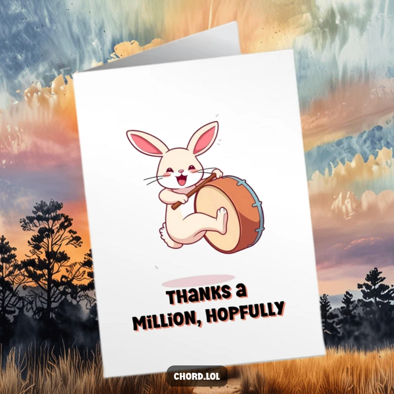 Funny Free Printable Thank You Card: Rabbit kicking a bass drum, sending thanks with rhythm.