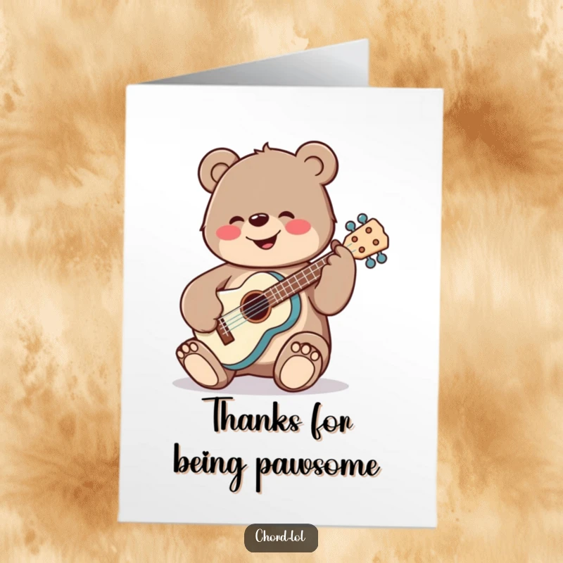 Funny Free Printable Thank You Card: Cheerful bear strumming a ukulele, thanking you with music.