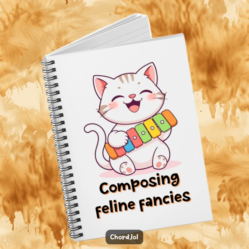 Funny cat playing a colorful xylophone on a notebook, perfect for jotting down ideas with musical humor.