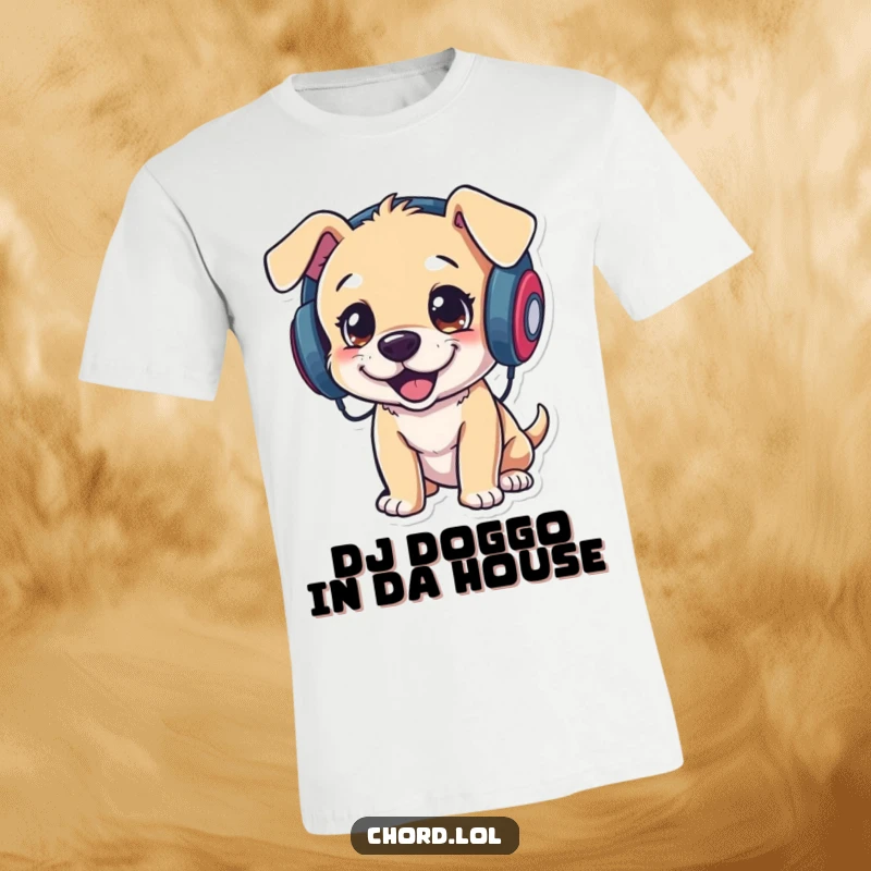 Funny playful puppy wearing headphones and bopping its head vigorously, a cool canine rockstar.