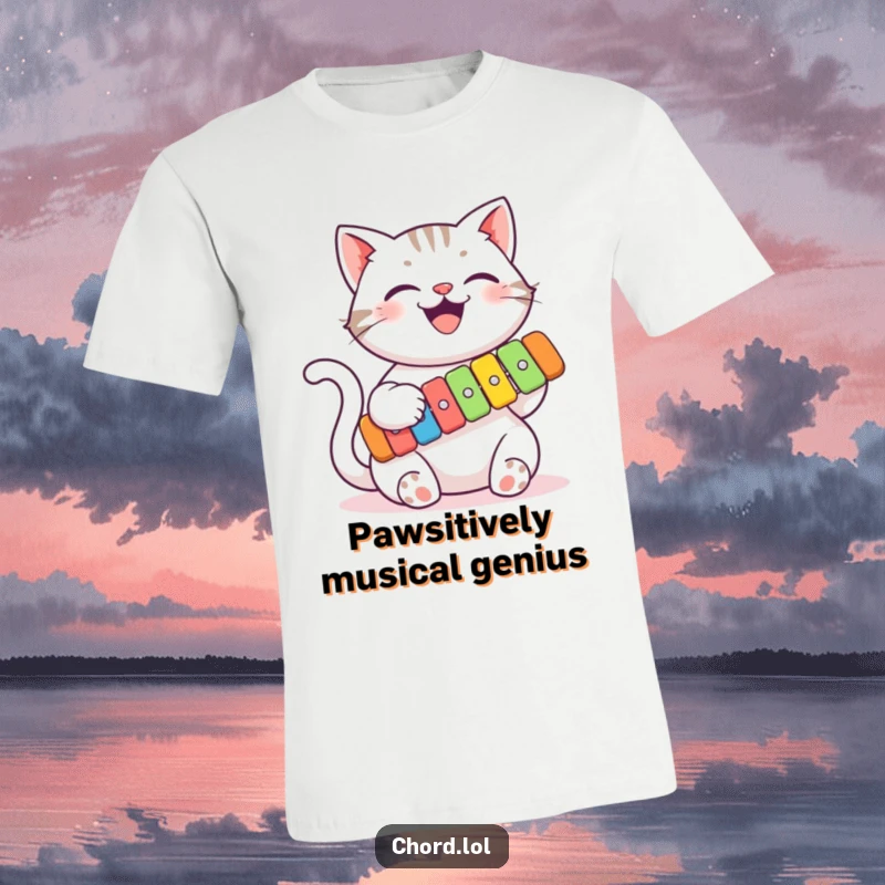 Funny cat playing a colorful xylophone with its paws, a rockstar feline in action, conveying musical talent and humor.