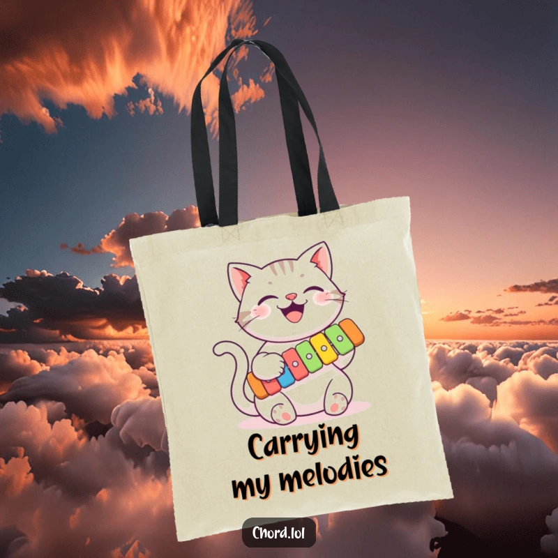 Funny cat playing a colorful xylophone with its paws on a tote bag, a stylish and humorous accessory for music lovers.
