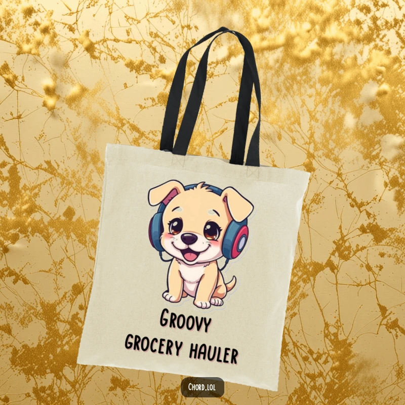 Funny puppy DJ tote bag, a dog with headphones enjoying music, perfect for carrying essentials.