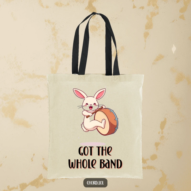 Funny rabbit kicking a large bass drum, perfect for carrying sheet music or daily items.